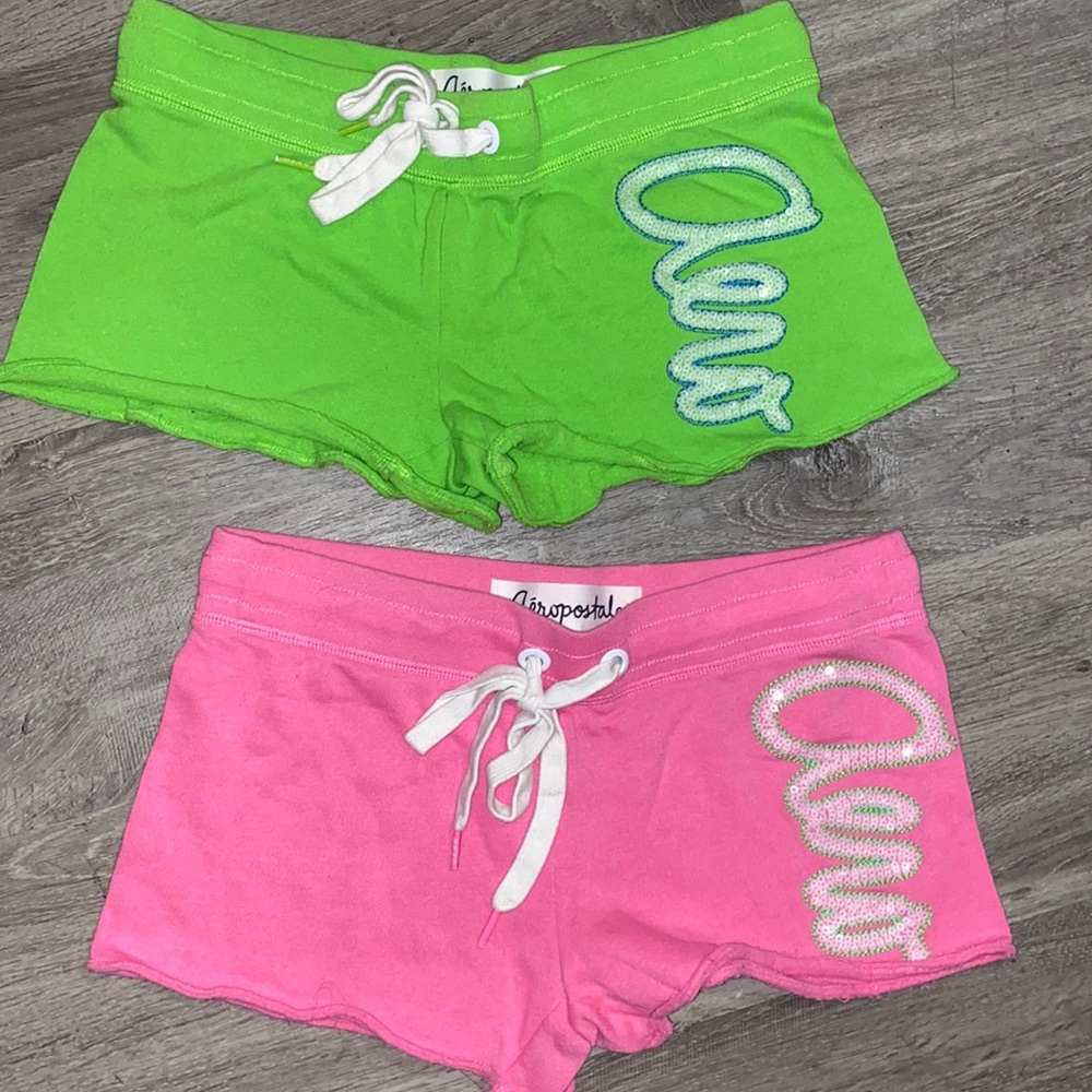 TWO PAIRS OF AEROPOSTALE SHORTS SZ XS PINK AND LIKE GREEN